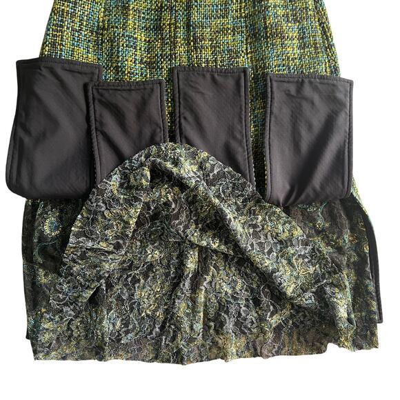 Yansi Fugel Tweed Wool Skirt Size 6 – Green Blue Lace Hem Flared Midi Retro - Picture 8 of 9